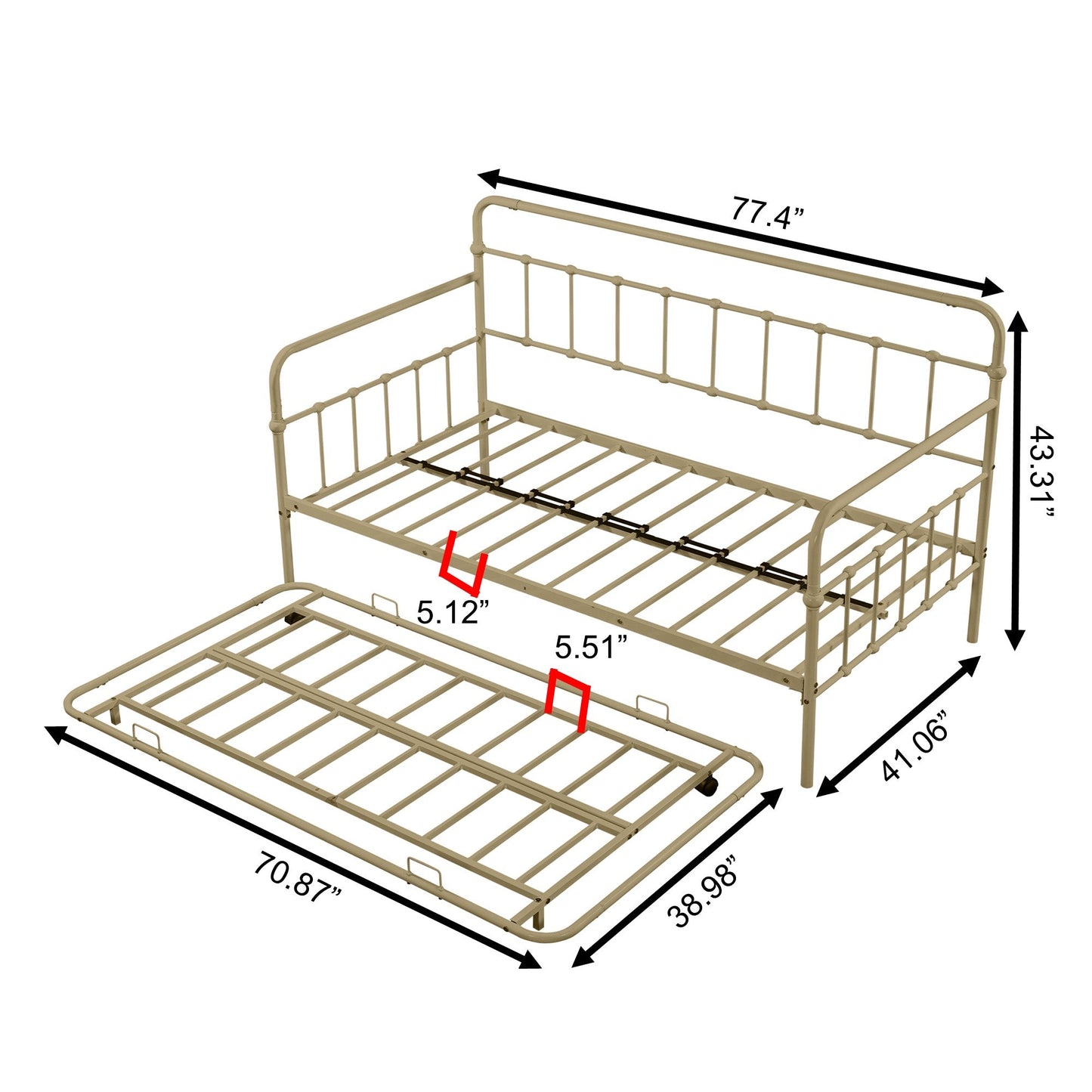 Elegant Bronze Metal Frame Daybed with Trundle