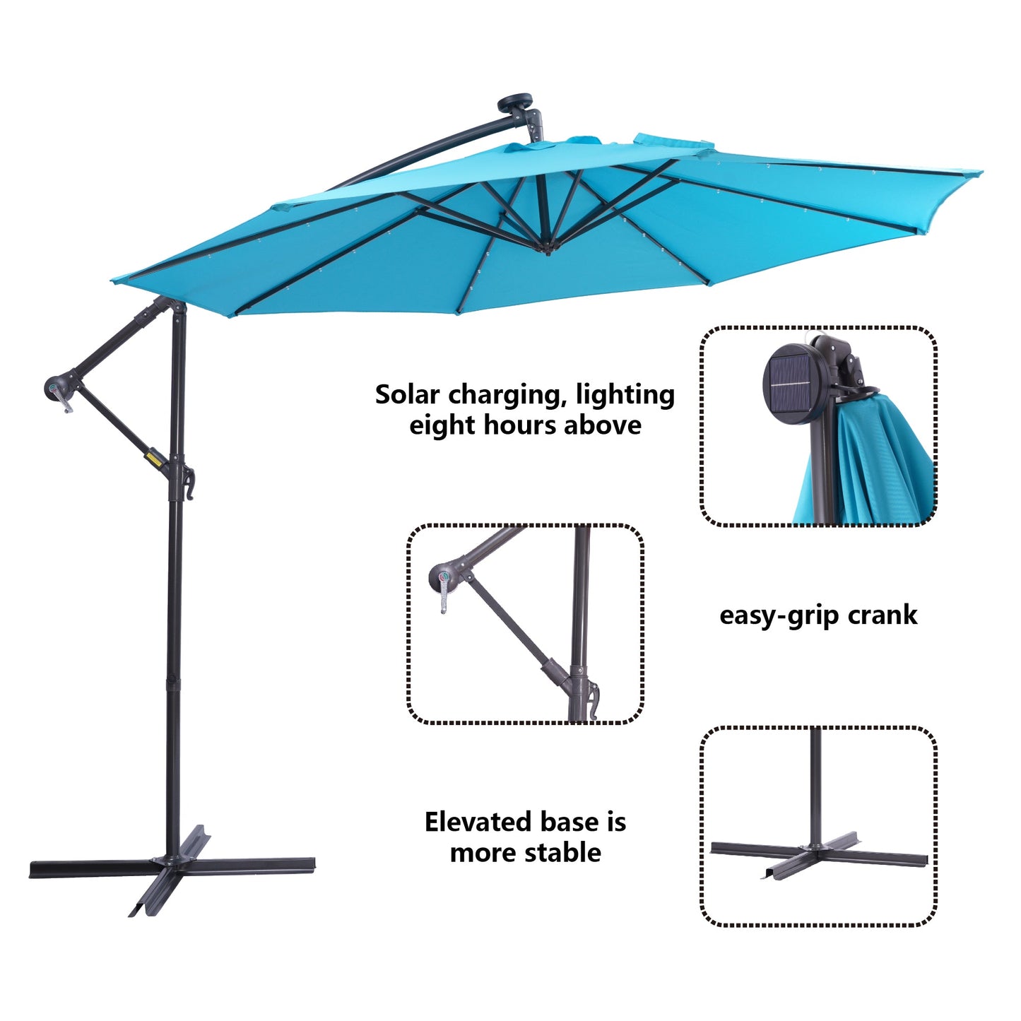 10 FT Solar LED Patio Outdoor Umbrella Hanging Cantilever Umbrella Offset Umbrella Easy Open Adustment with 32 LED Lights - Korvel