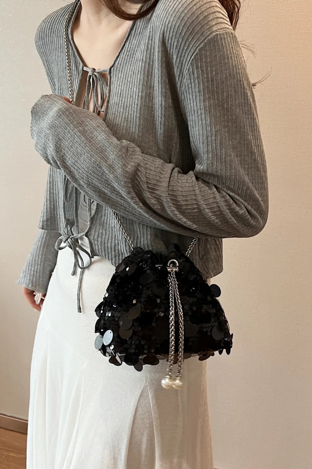 Drawstring Sequin Crossbody Bag - Korvel