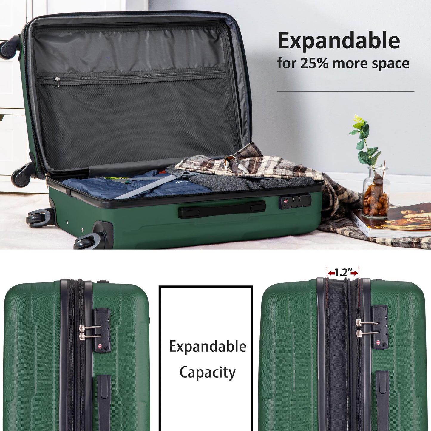Expanable Spinner Wheel 2 Piece Luggage Set ABS Lightweight Suitcase with TSA Lock 20inch+24inch Green + Plastic - Korvel