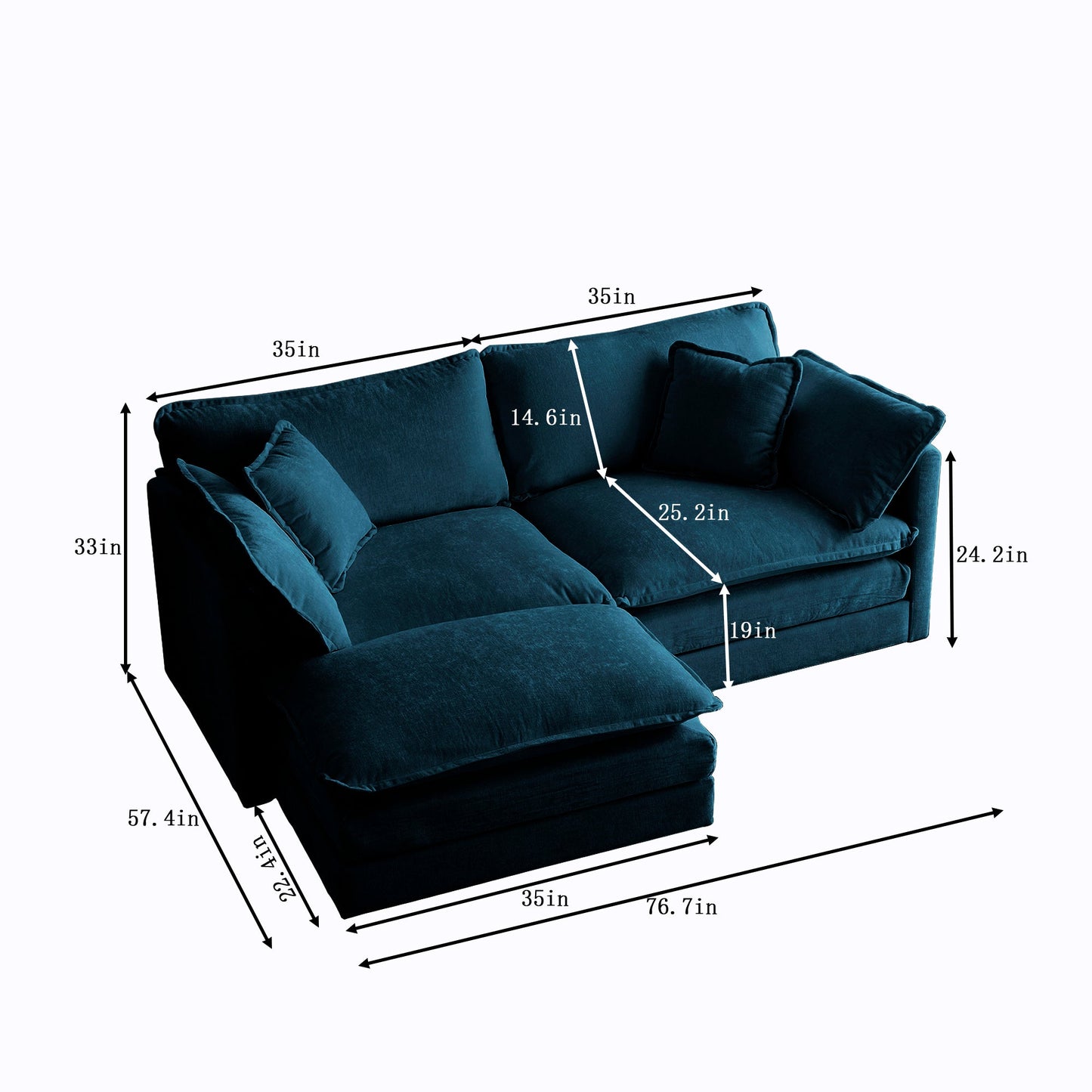 Chenille double sofa with 1 foot pedal, 2 seats L-shaped section, Ottoman style blue Chenille - Korvel