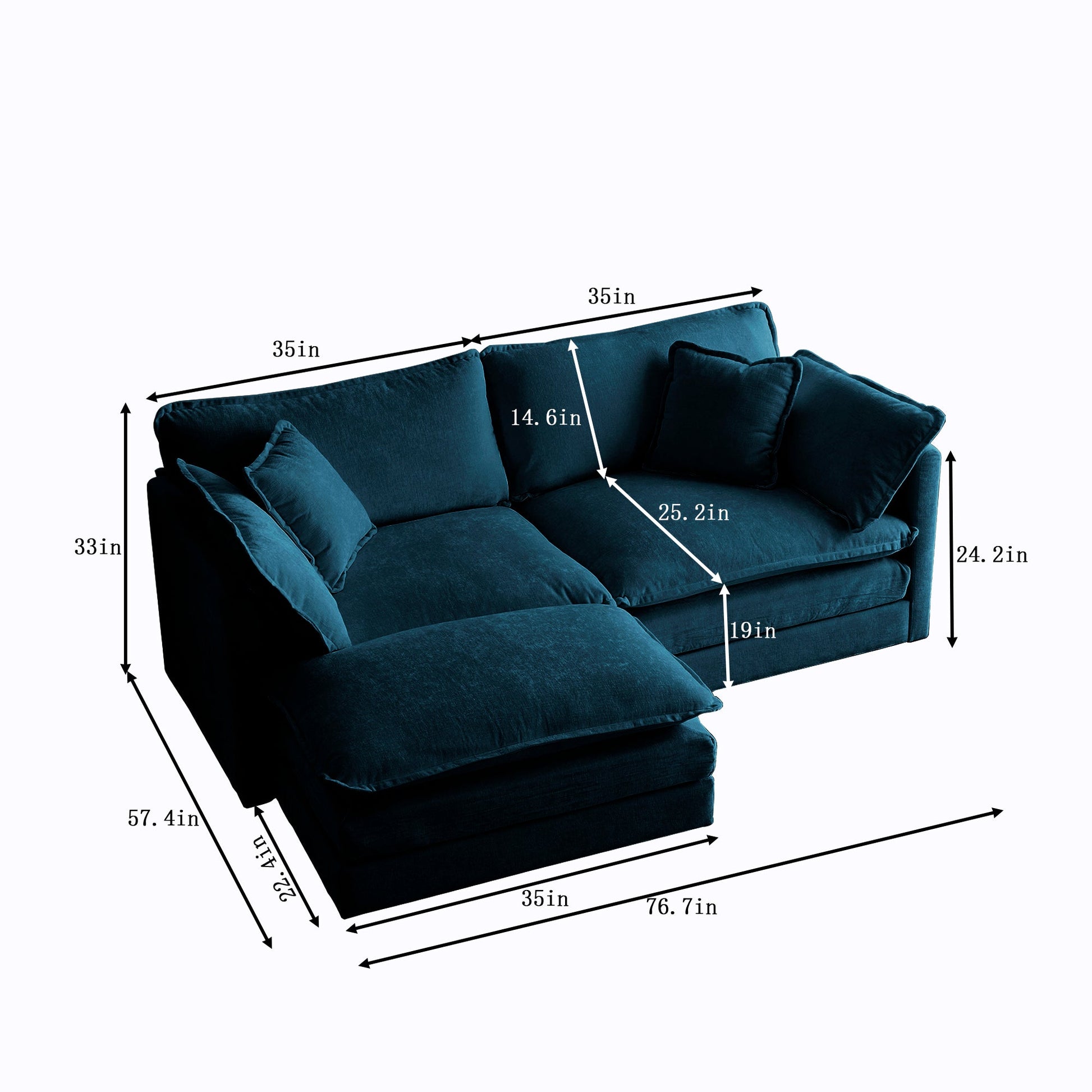 Chenille double sofa with 1 foot pedal, 2 seats L-shaped section, Ottoman style blue Chenille - Korvel