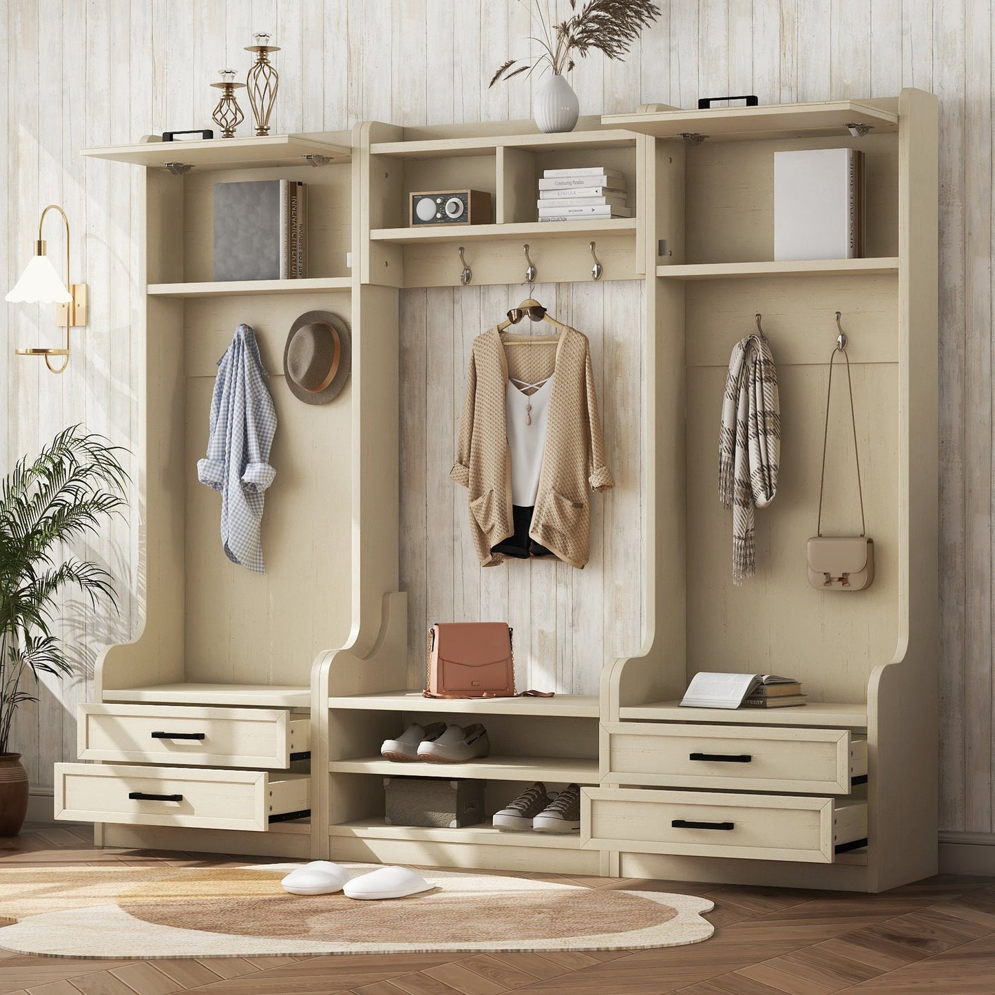 Four in one detachable hall tree with drawers and cabinets, 7 hooks, multifunctional corridor hangers, antique beige shoe stools - Korvel