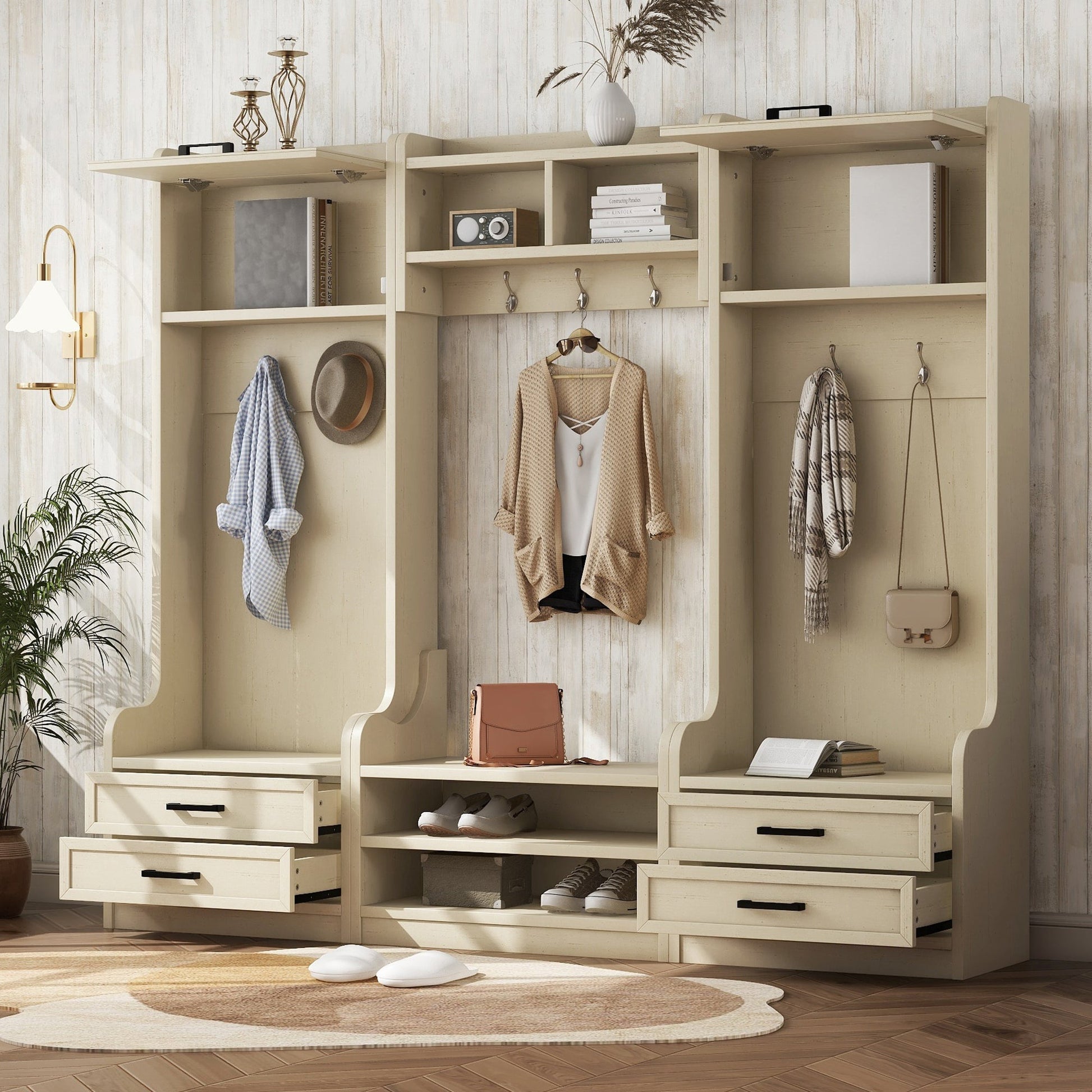 Four in one detachable hall tree with drawers and cabinets, 7 hooks, multifunctional corridor hangers, antique beige shoe stools - Korvel