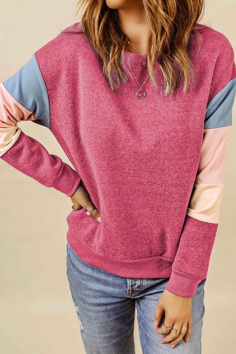 Color Block Round Neck Long Sleeve Sweatshirt - Korvel