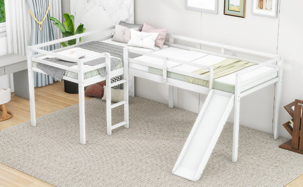 Lit mezzanine en forme de L pour enfant avec échelle et toboggan - Blanc