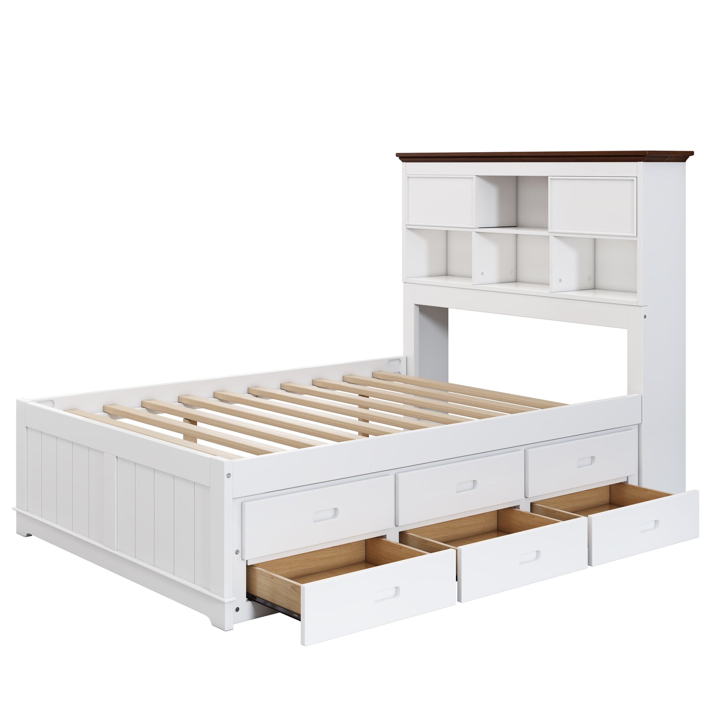 Solid Pine Captain Bookcase Bed with Trundle Bed and 3 Spacious Under Bed Drawers in Casual,Full, White+Walnut - Korvel