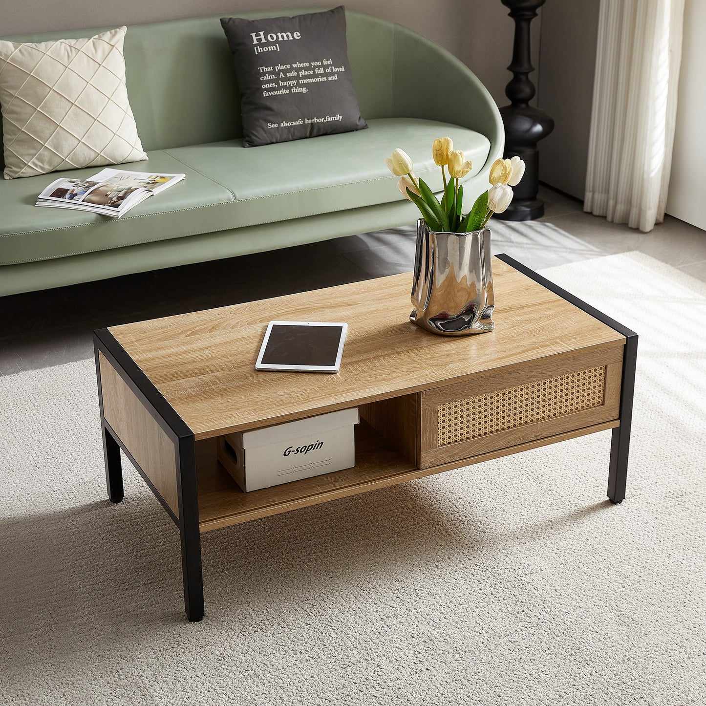40.16" Rattan Coffee table, sliding door for storage, metal legs, Modern table for living room , natural - Korvel