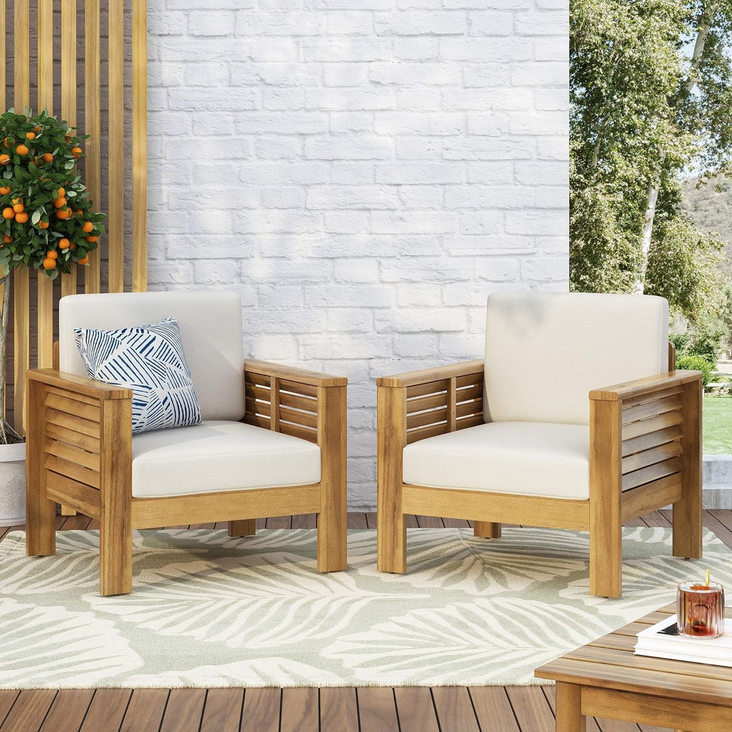 ( Set of 2) Outdoor Acacia Wood Club Chairs with Cushions, Teak+Beige, 27.75"D x 32"W x 27.75"H - Korvel
