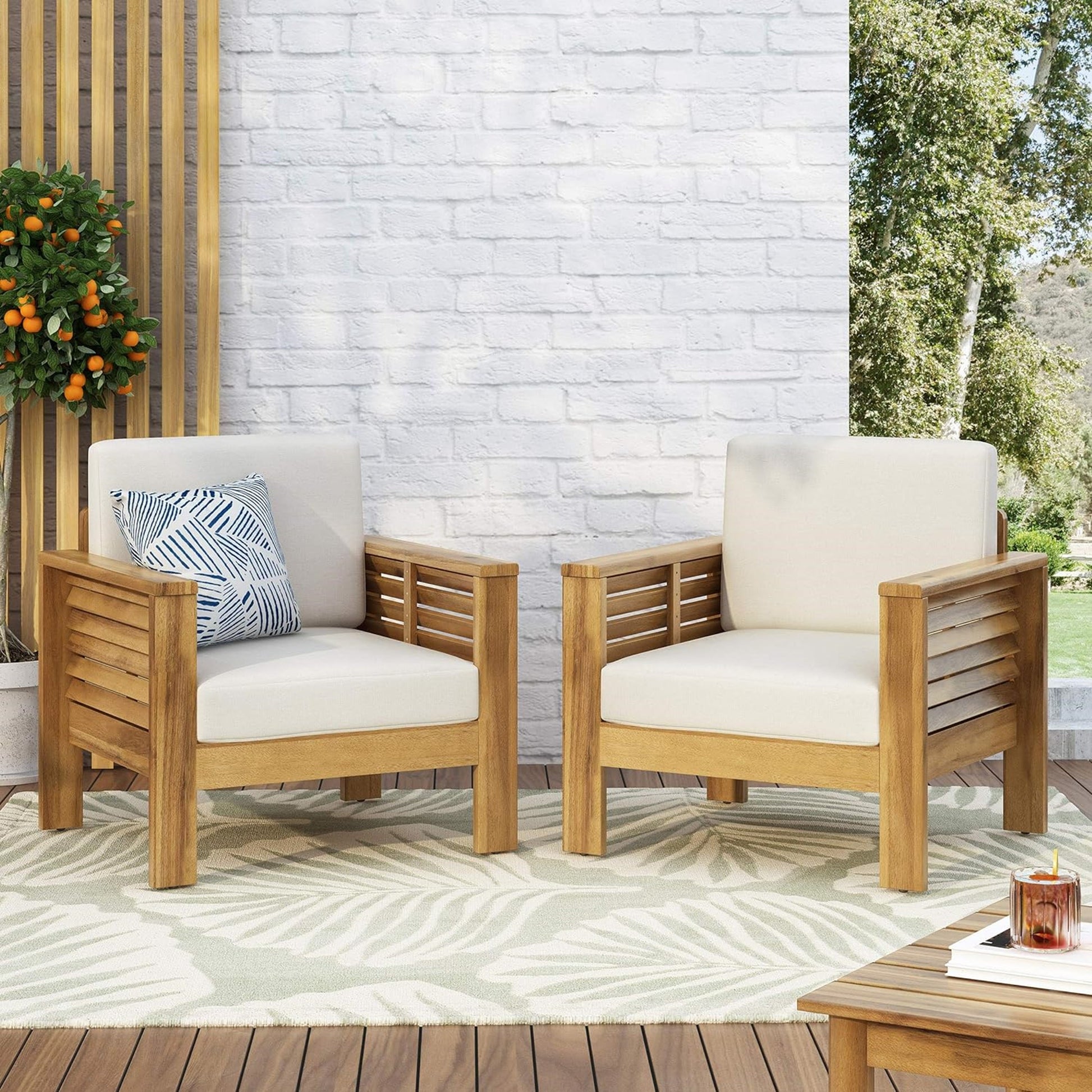 ( Set of 2) Outdoor Acacia Wood Club Chairs with Cushions, Teak+Beige, 27.75"D x 32"W x 27.75"H - Korvel