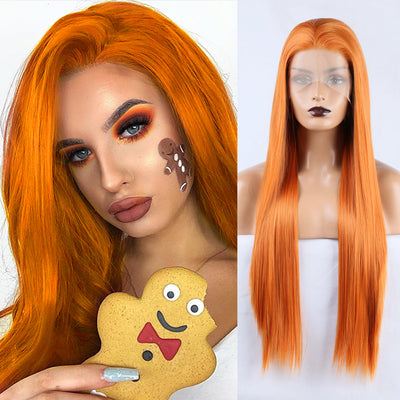 Long Straight Orange Lace Front Wig with Natural Hairline