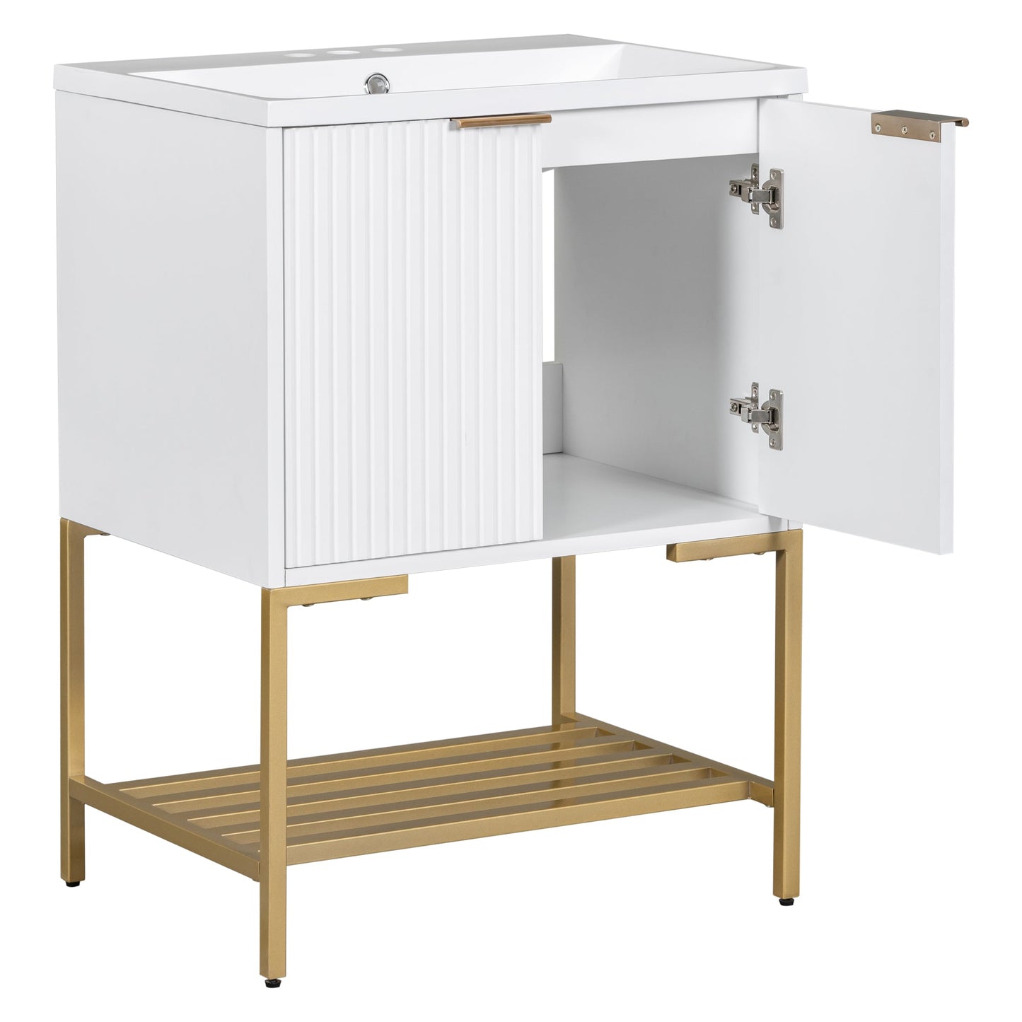 24" Bathroom Vanity with Sink, Bathroom Vanity Cabinet with Two Doors and Gold Metal Frame, Open Storage Shelf, White - Korvel