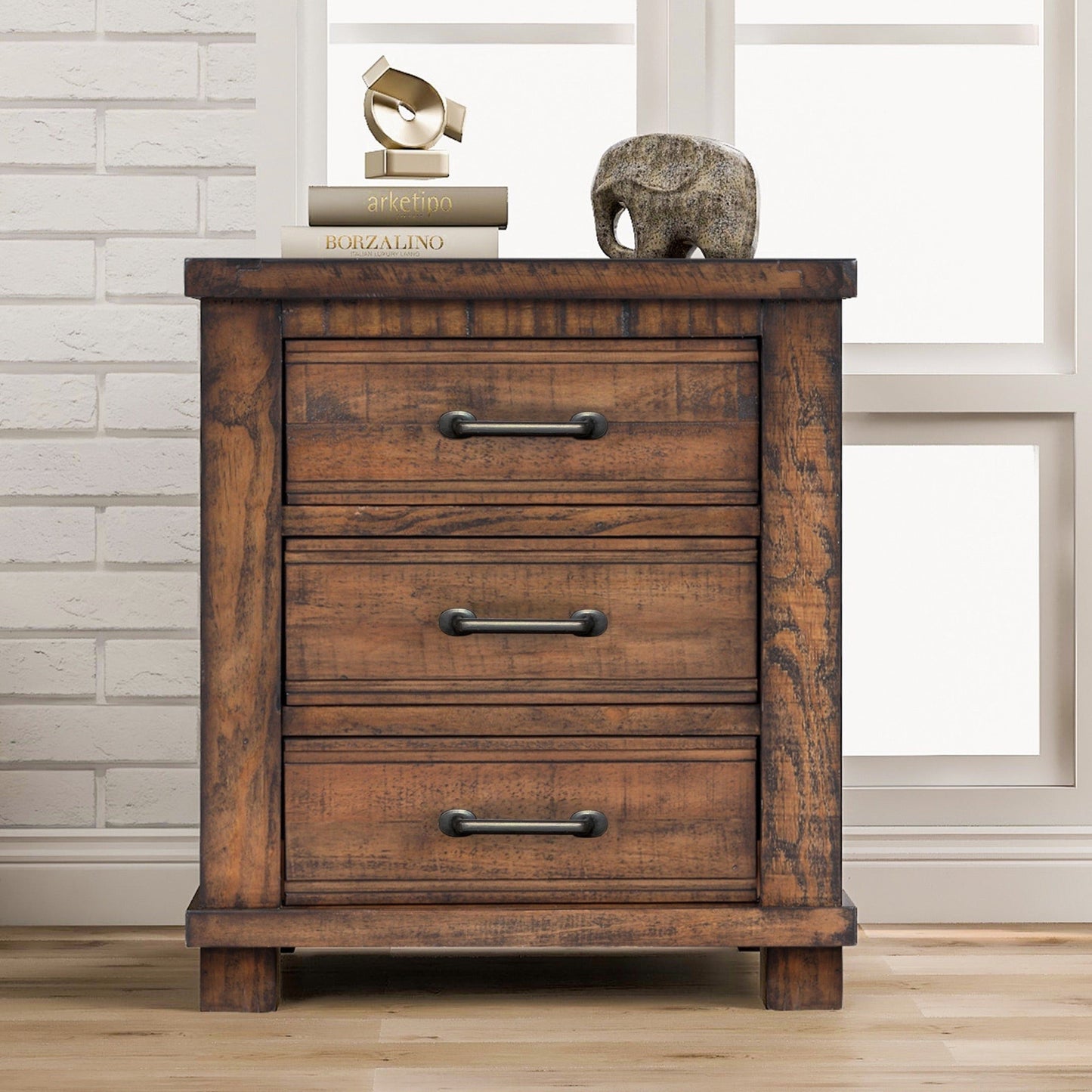 Rustic Three Drawer Reclaimed Solid Wood Framhouse Nightstand - Korvel