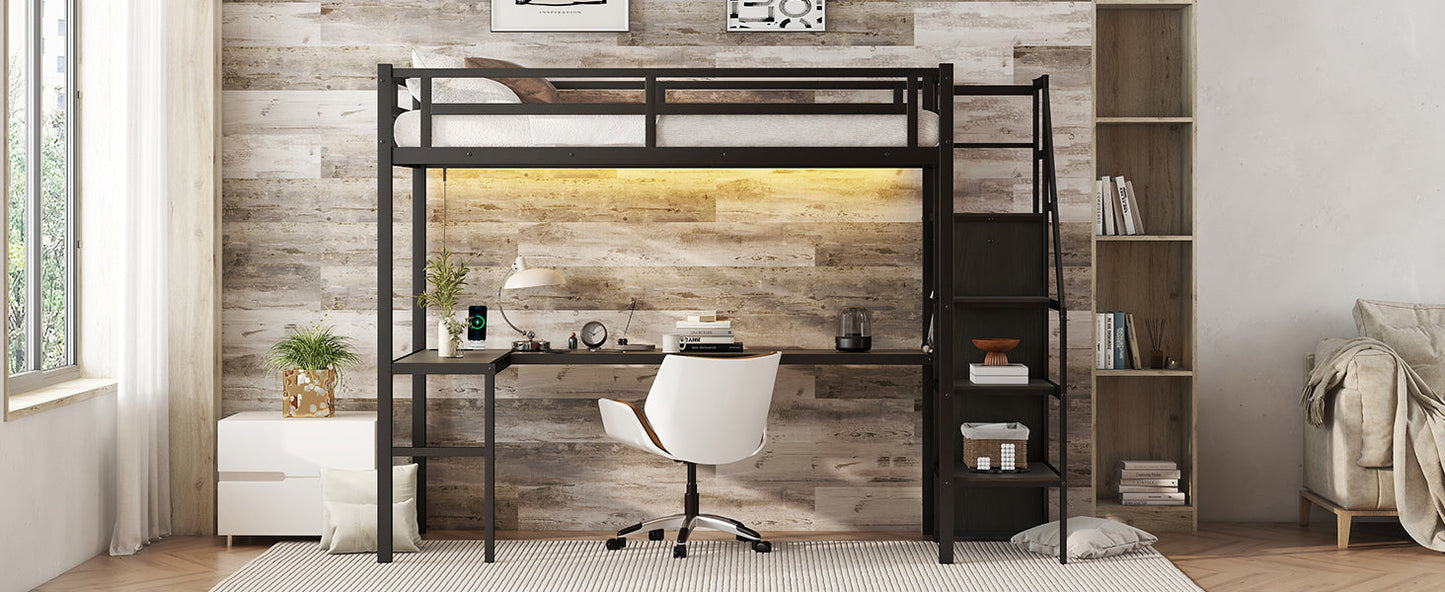 Twin XL Metal Loft Bed with L-shaped Desk and USB