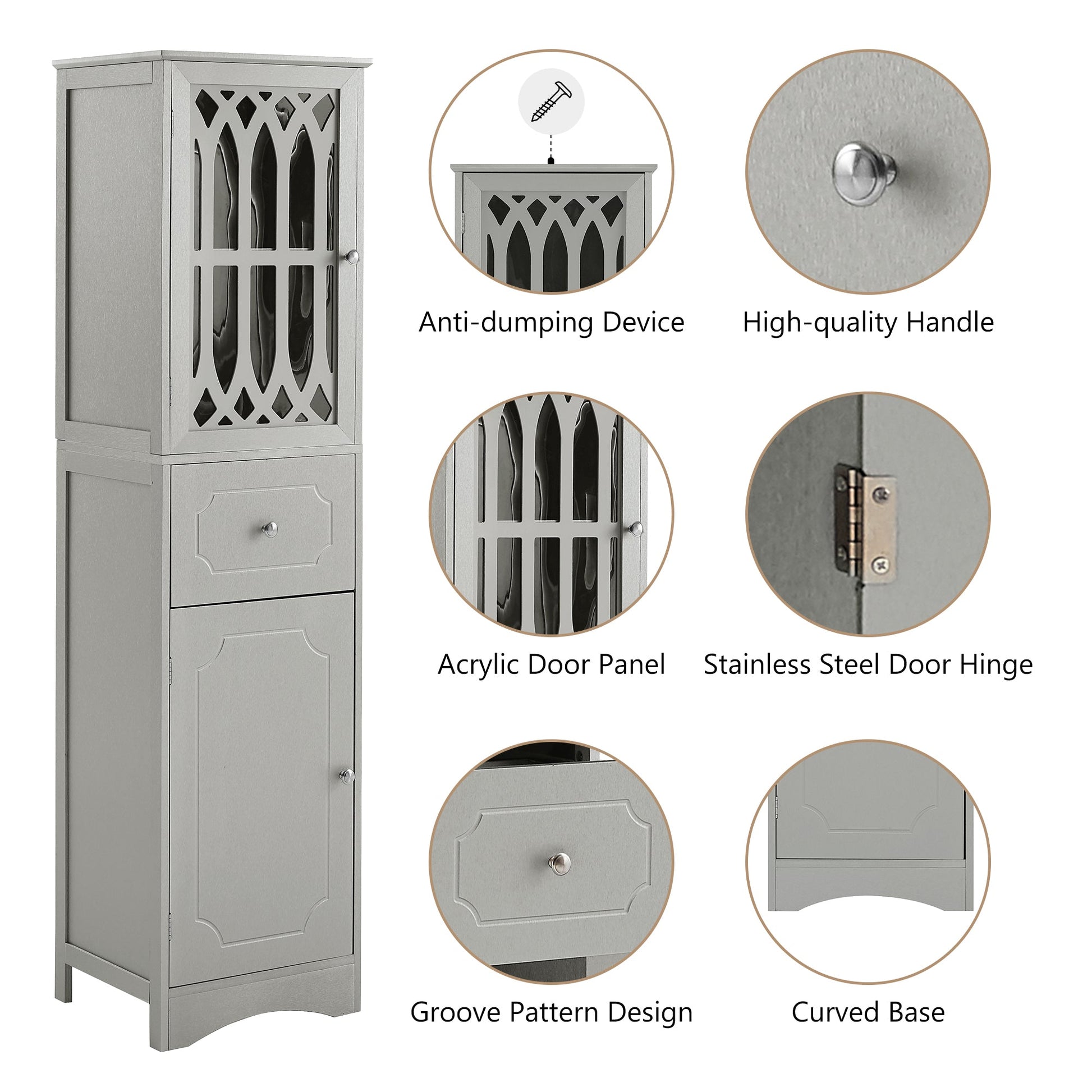 Tall Bathroom Cabinet, Freestanding Storage Cabinet with Drawer and Doors, MDF Board, Acrylic Door, Adjustable Shelf, Grey - Korvel