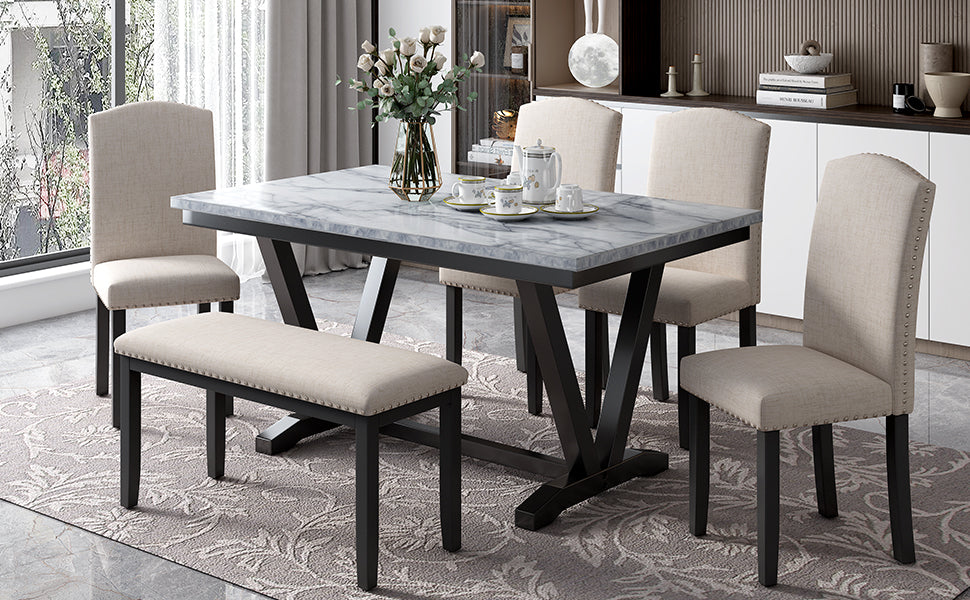 Ensemble de salle à manger moderne TREXM en 6 pièces avec table, chaises et banc
