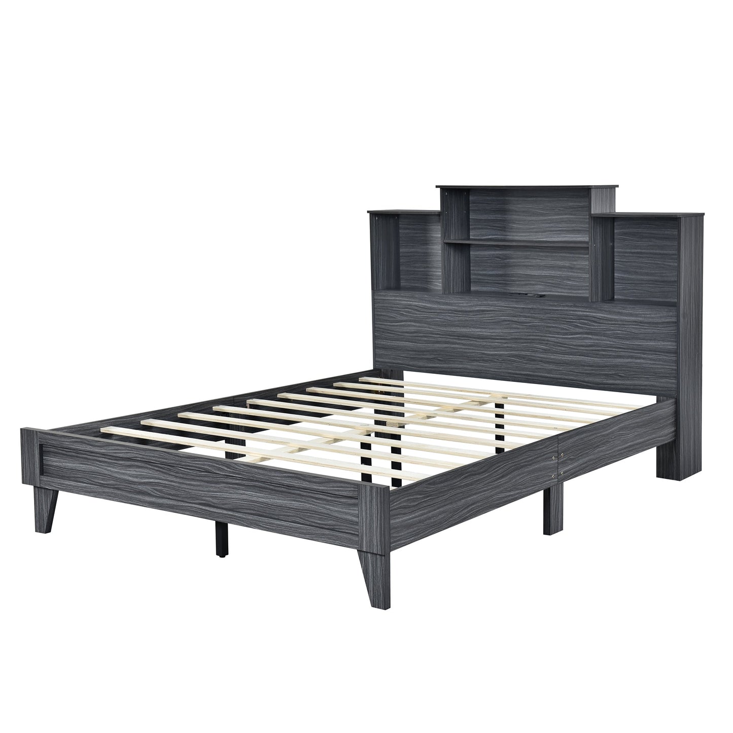 Queen Size Storage Platform Bed Frame with USB Charging - Gray