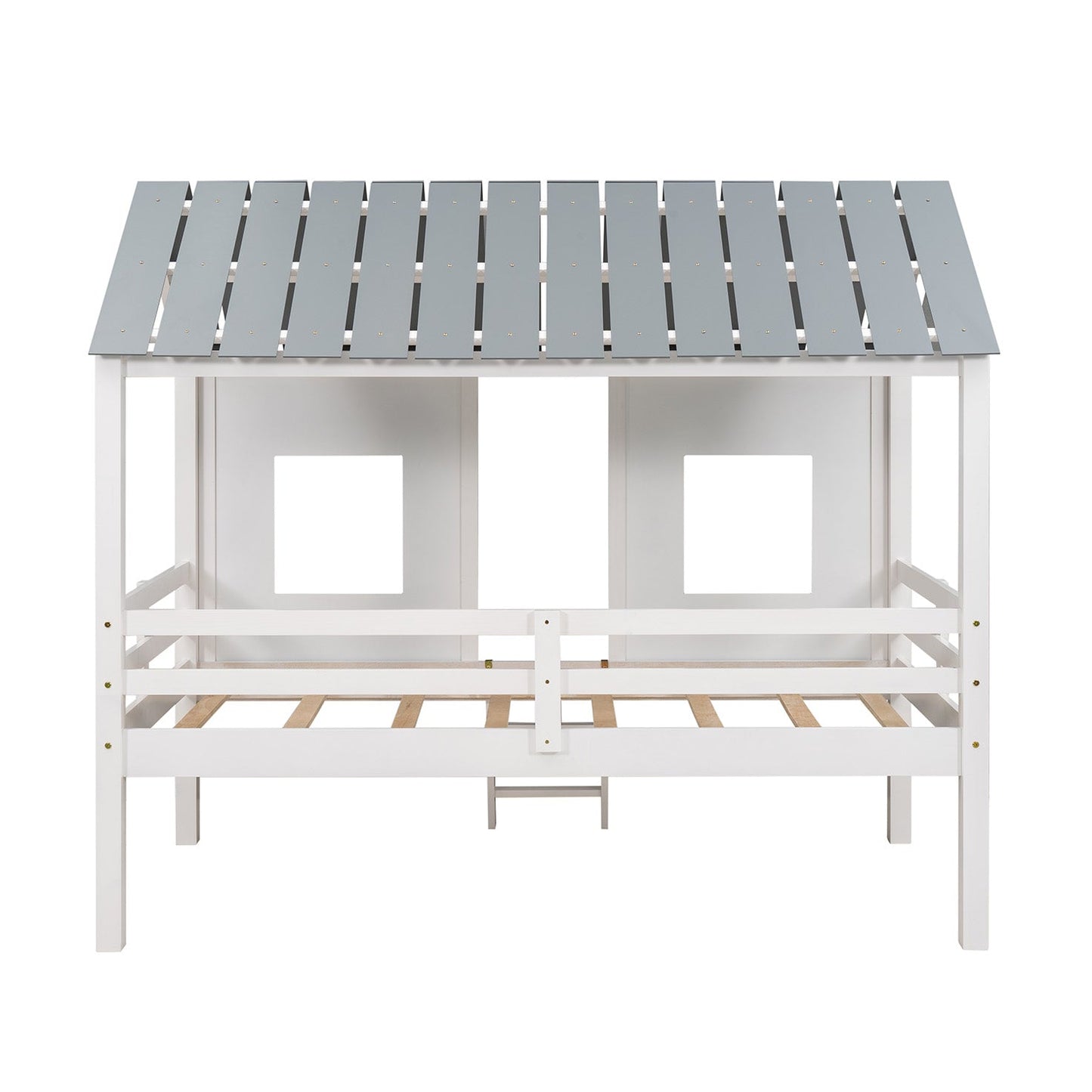 Twin Size Low Loft House Bed with Roof and Two Front Windows White - Korvel