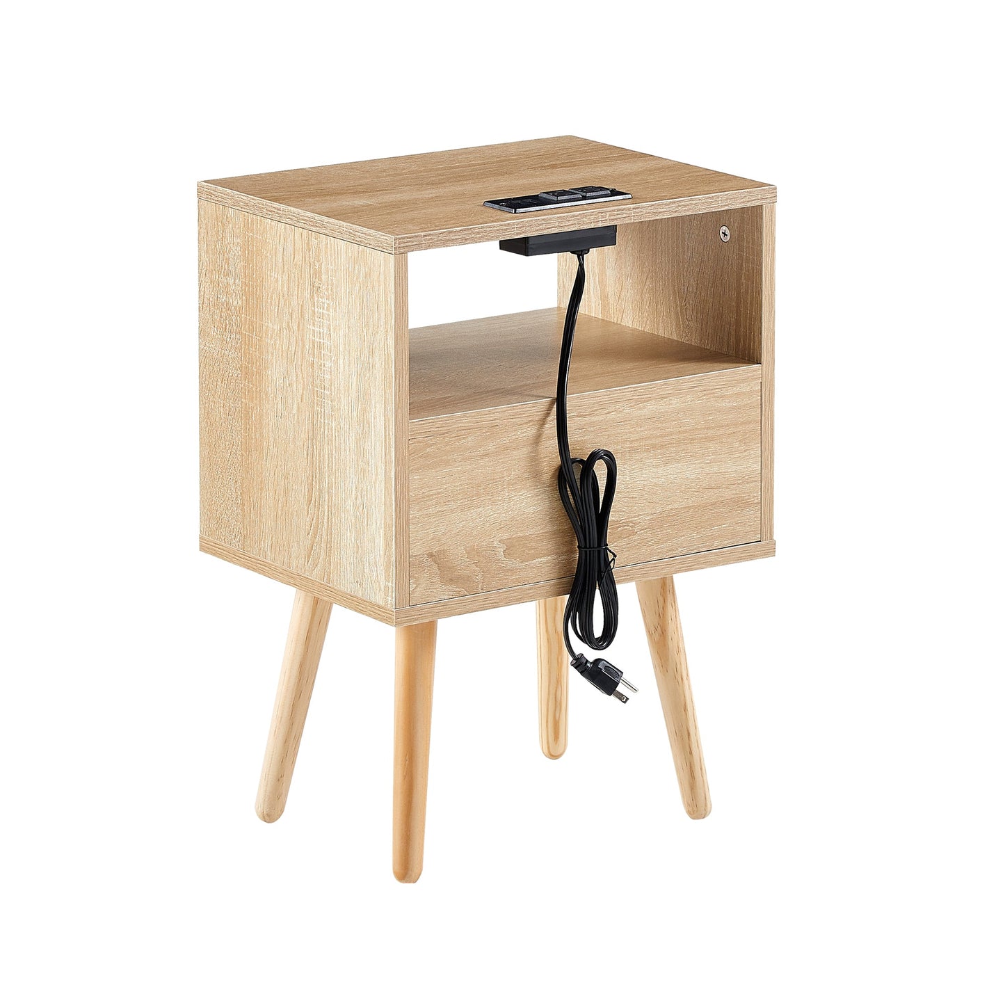 15.75" Rattan End table with Power Outlet & USB Ports  Modern nightstand with drawer and solid wood legs - Korvel
