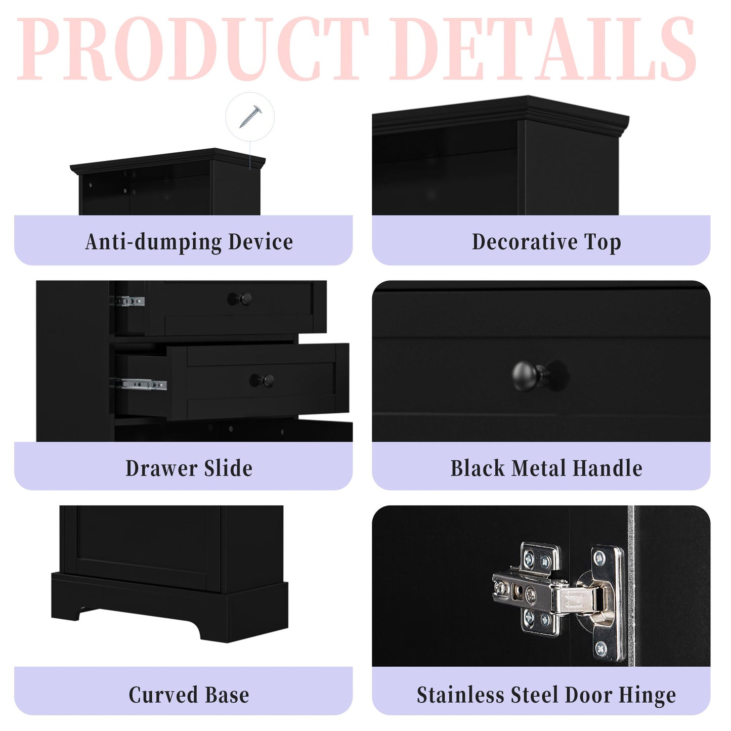 Elegant Black High Storage Cabinet with 3 Drawers