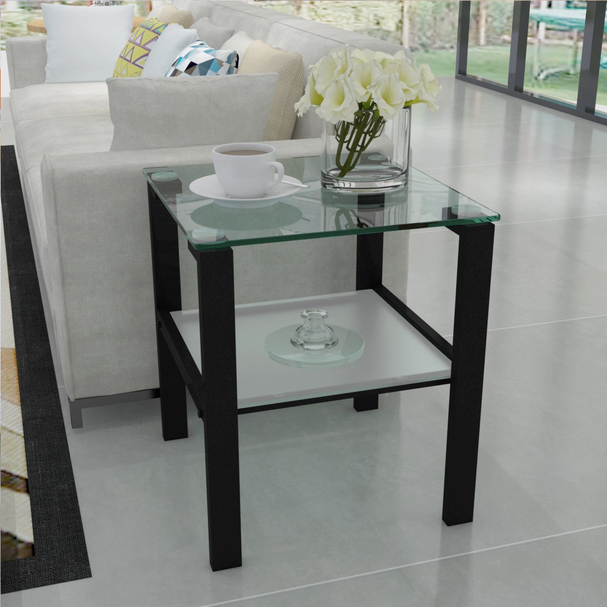 Glass two layer tea table, small round table, bedroom corner table, living room black side table - Korvel