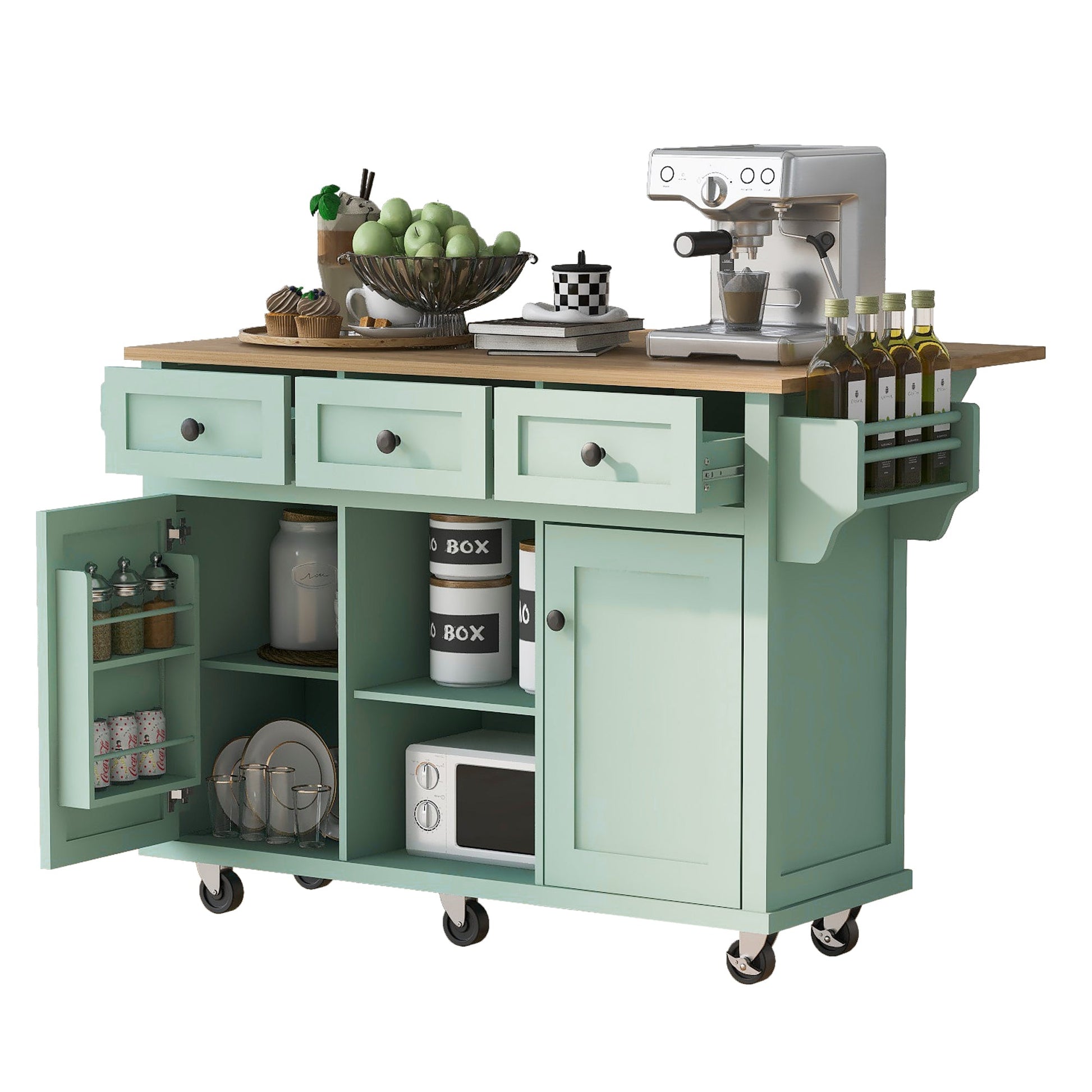 Kitchen trolley, cabinet door internal storage rack with storage cabinet and 3 dining room drawers, mint green - Korvel