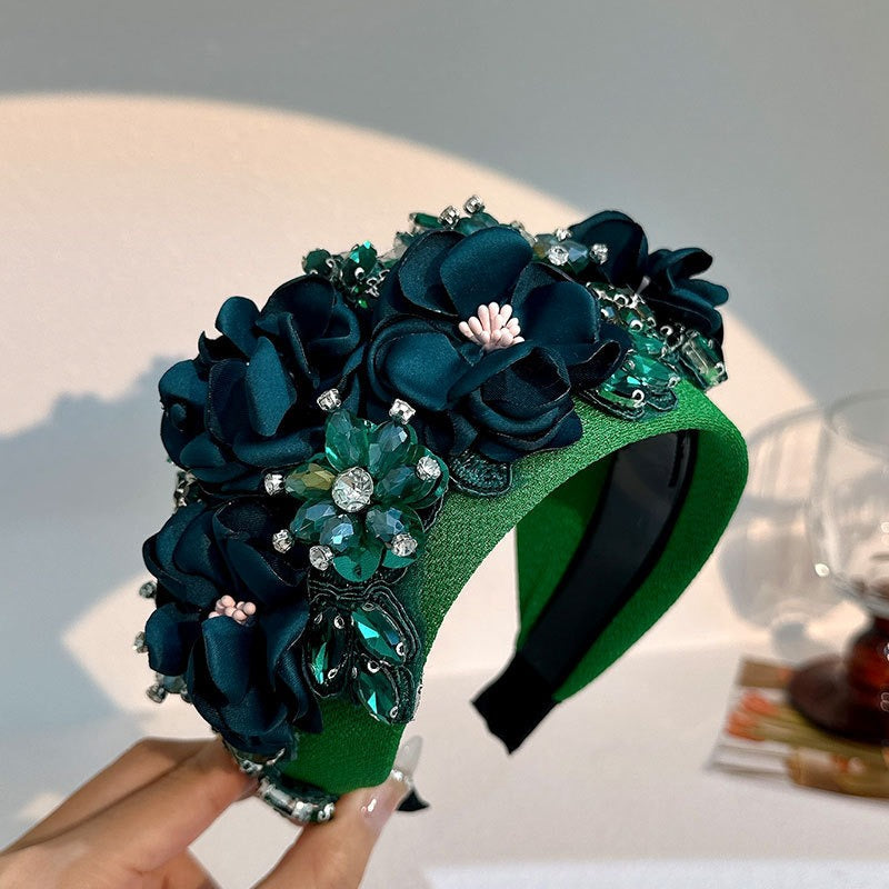 Solid color fabric flower oversized wide edged crystal headband - Korvel