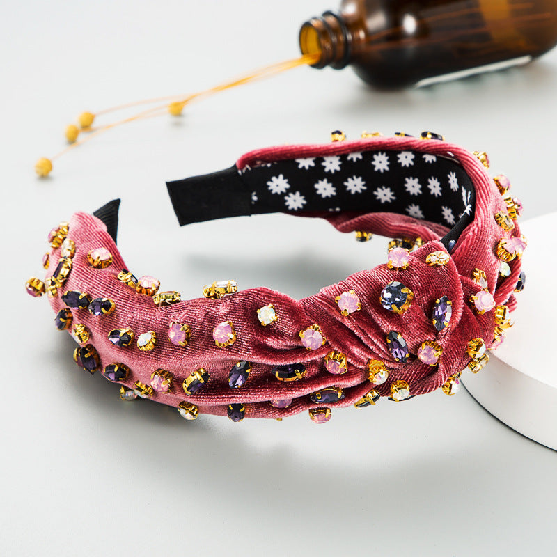 Exaggerated Fashion Hair Bands Female Corduroy Temperament Sweet Hair Ornaments Wide Side Knotted With Diamonds Headband - Korvel