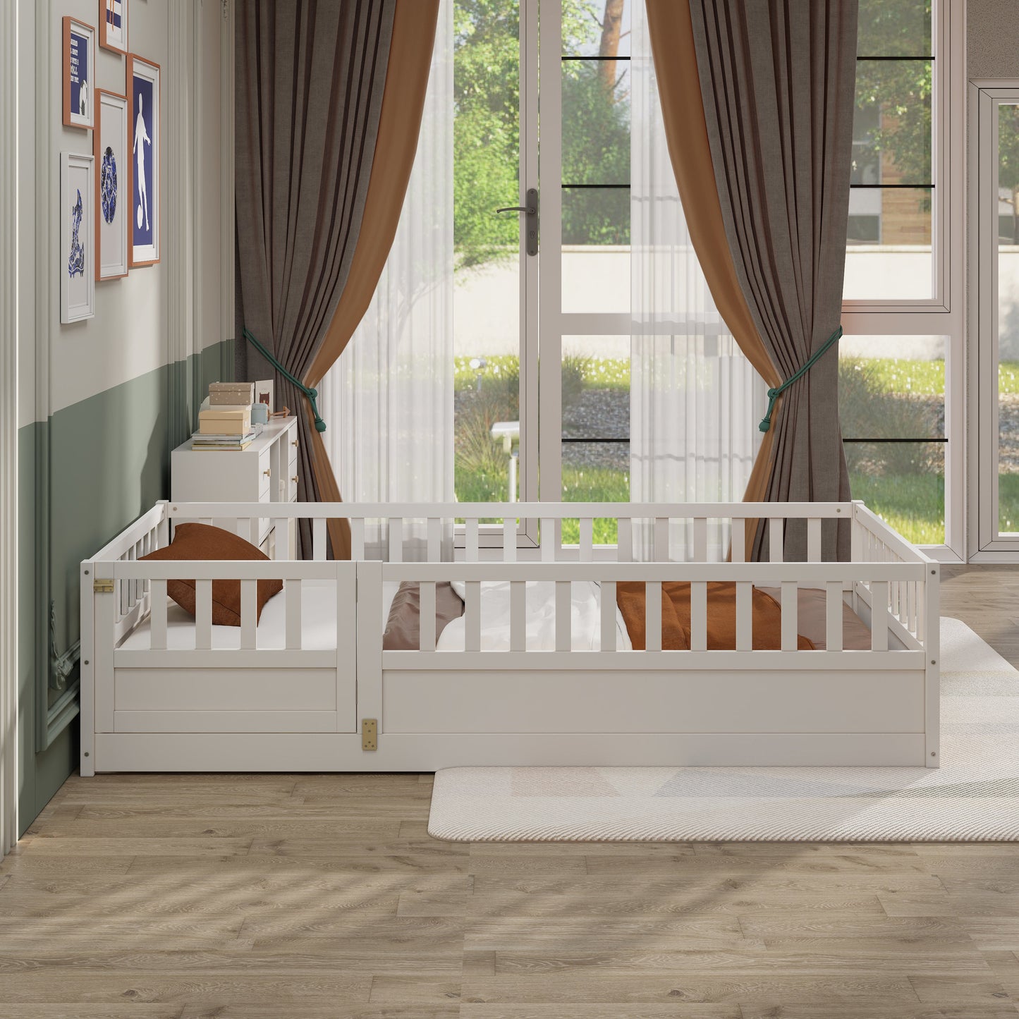 Double bed floor standing bed with ultra-high safety barrier, children's floor standing bed frame, Montessori wooden white - Korvel
