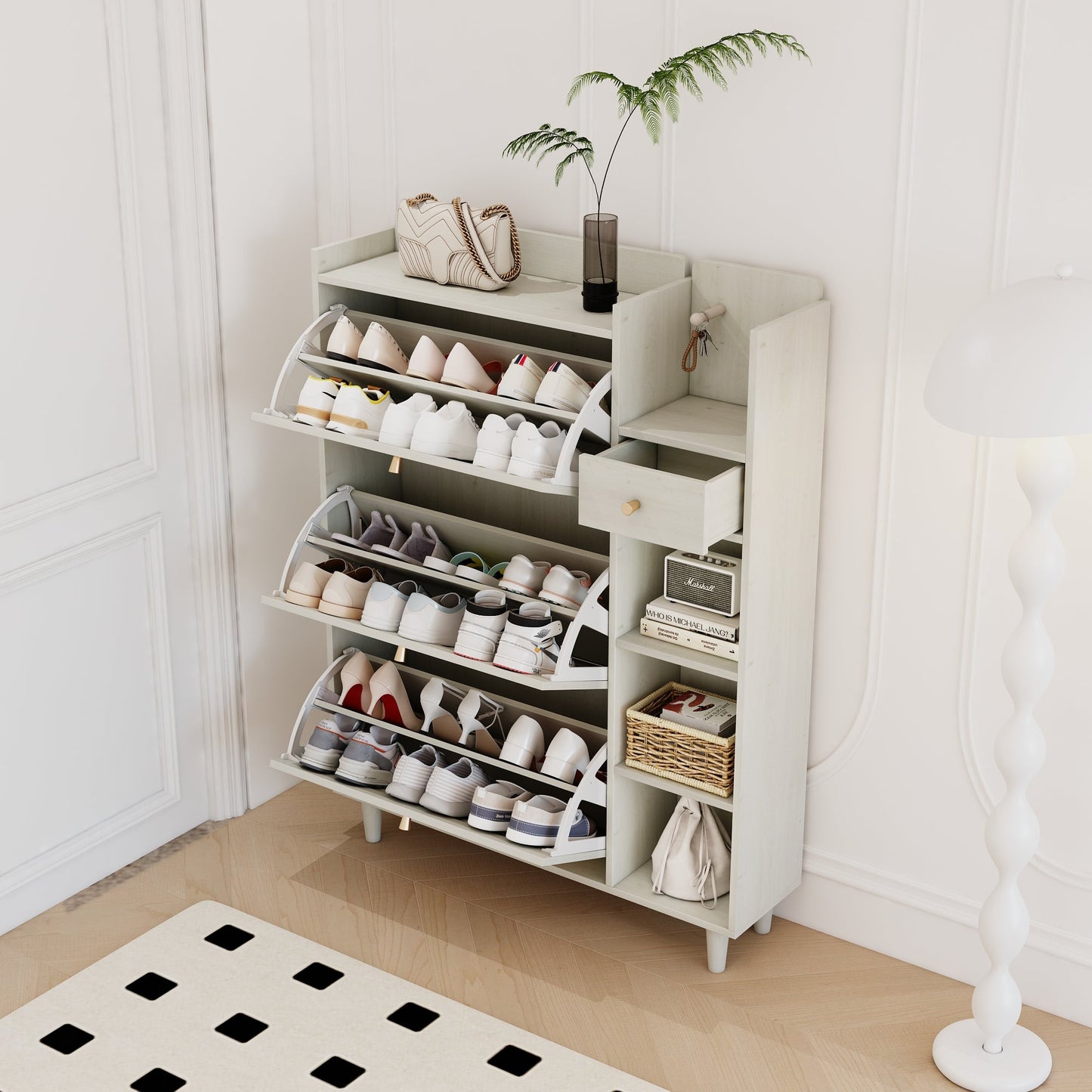Natural Bohemian style shoe cabinet with 3 rattan flip drawers, 3 square shelves, and 1 storage drawer, white - Korvel