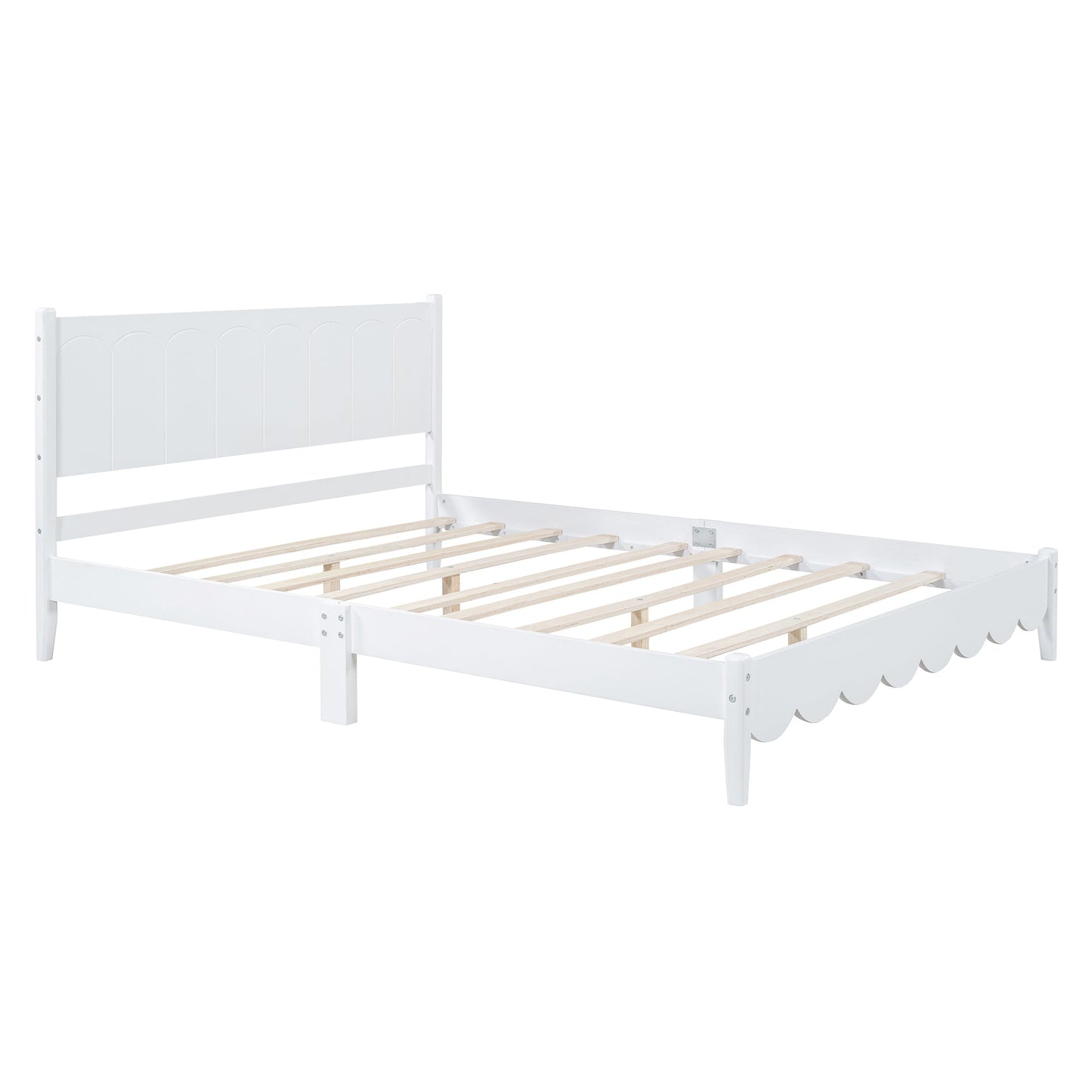 Queen Size Wood Platform Bed Frame, Retro Style Bed with Rectangular Headboard,No Need Box Spring,White - Korvel