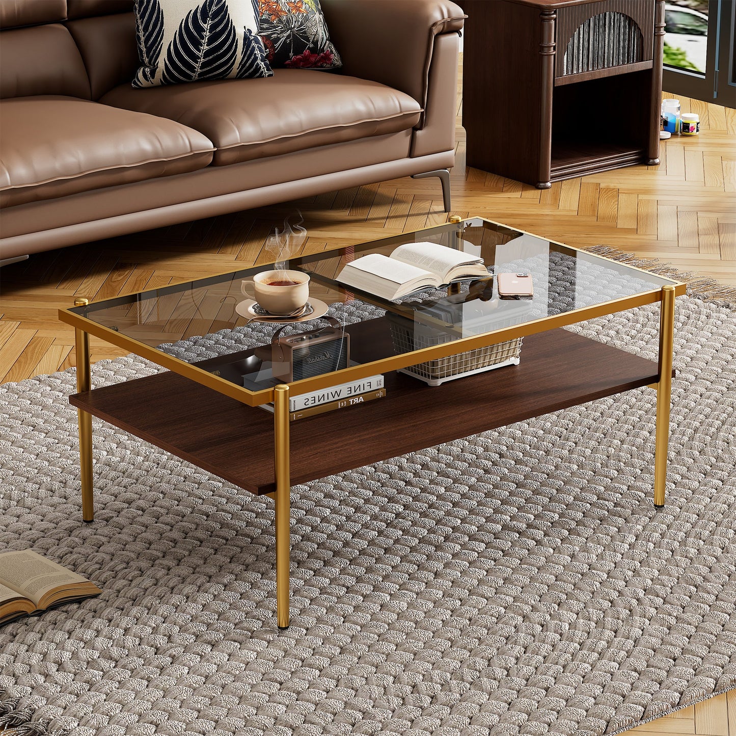 Rectangle Coffee Table with Gray Tempered Glass top and Golden Legs, Modern Table for Living Room - Korvel