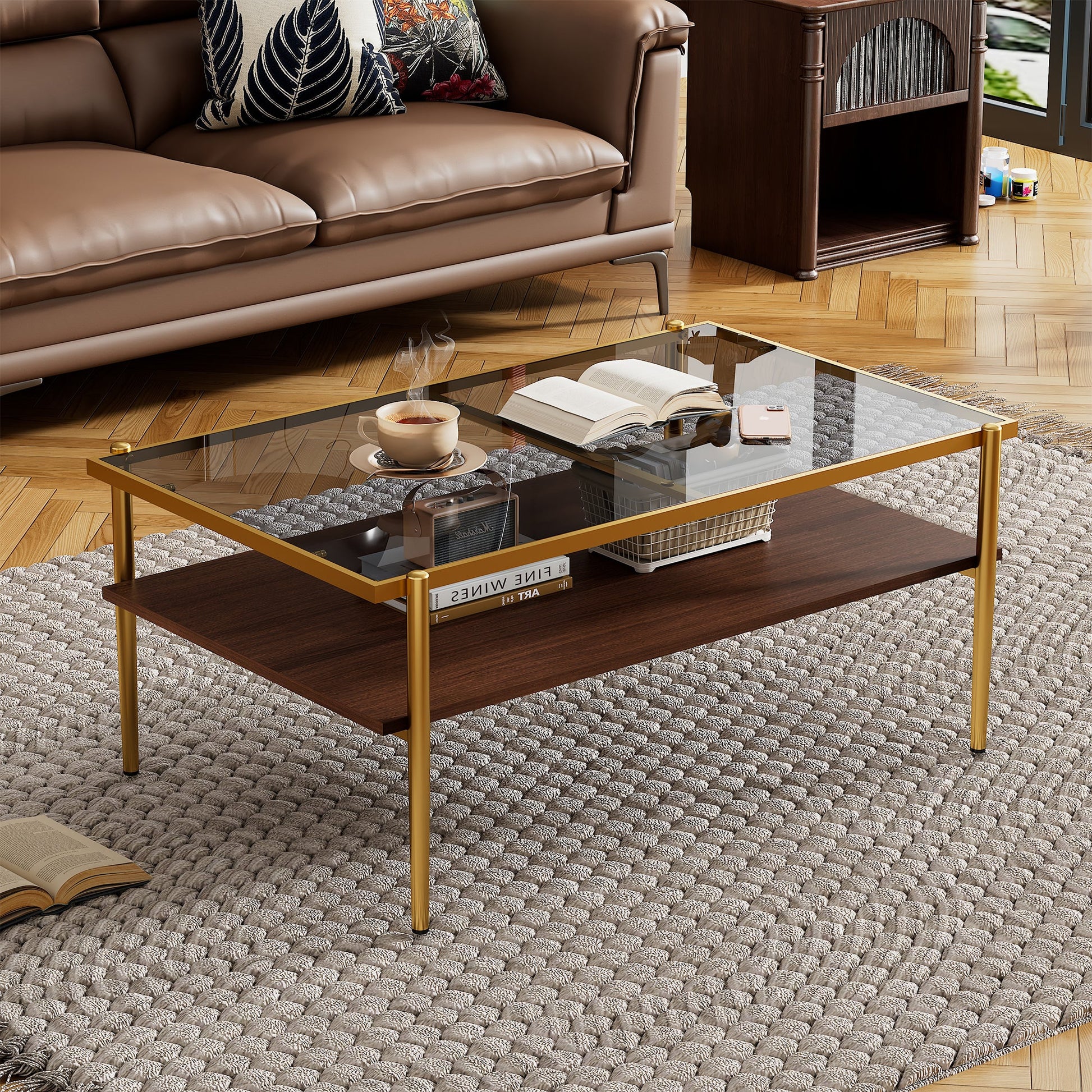 Rectangle Coffee Table with Gray Tempered Glass top and Golden Legs, Modern Table for Living Room - Korvel