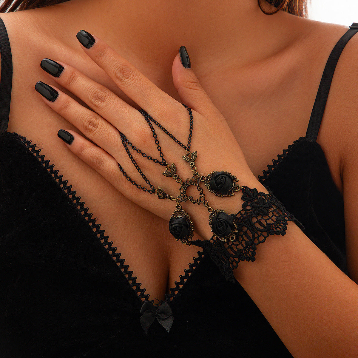 Halloween Finger Mesh Tassel Bracelet Punk Alloy Rose Lace Floral Handmade for Women - Korvel