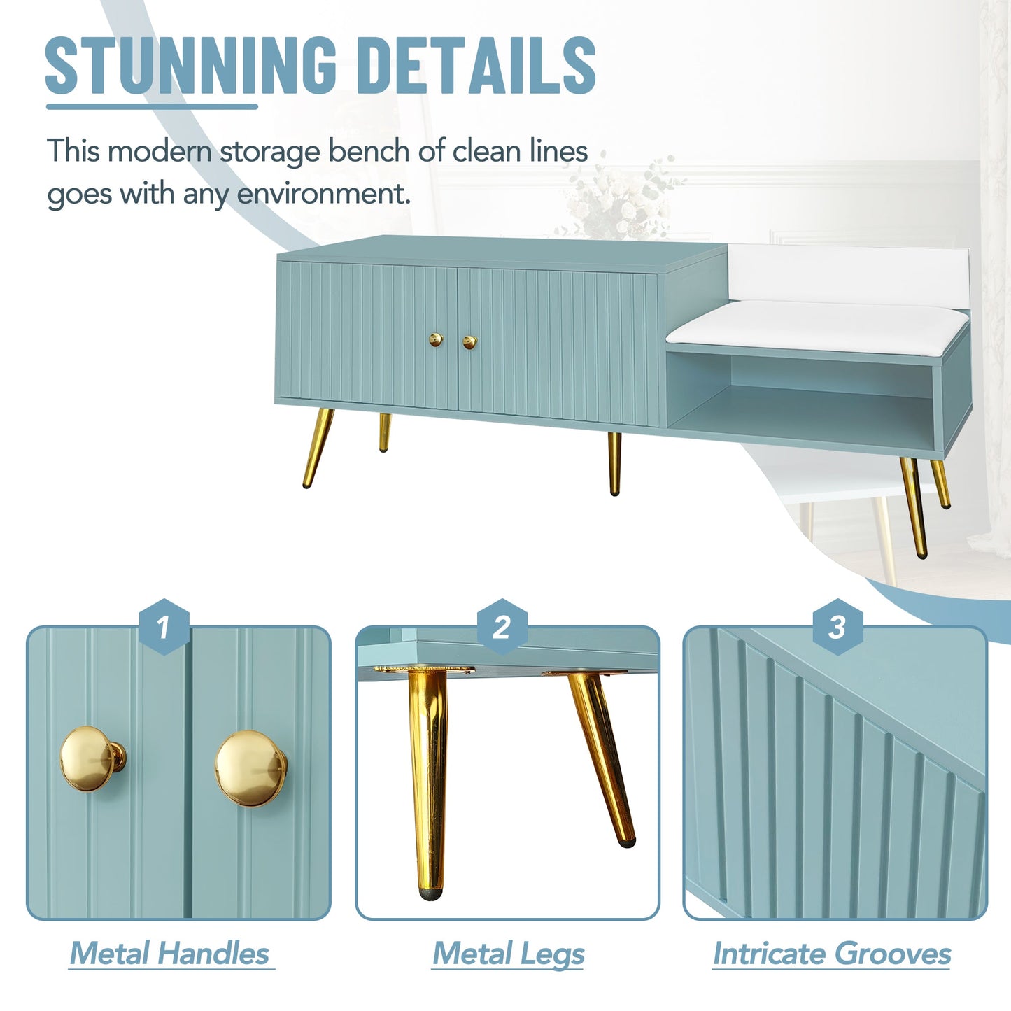 Modern Tiffany Blue Shoe Storage Bench with Cushions