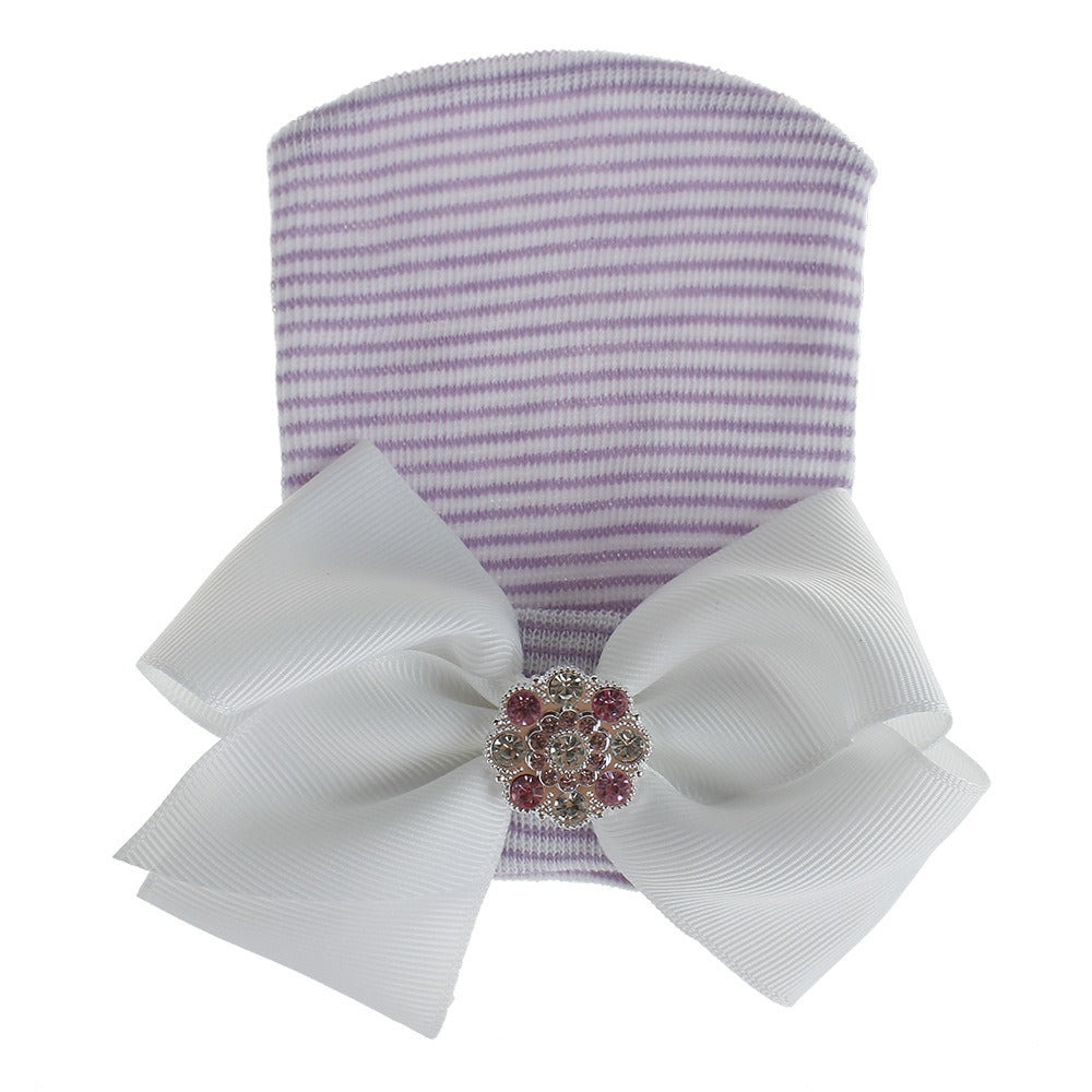 Chapeau en tricot rayé rose scintillant pour bébé avec un grand nœud