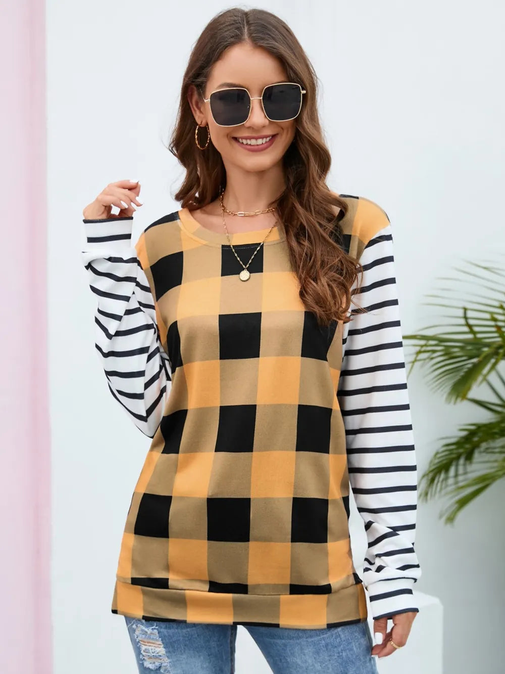 Plaid Striped Round Neck Long Sleeve T-Shirt - Korvel