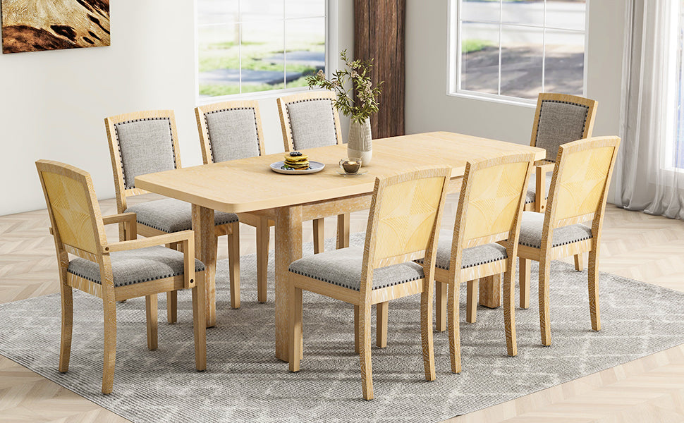 TOPMAX expandable 84 inch dining table set with 24 inch detachable leaves, 6 armless chairs and 2 armchairs  9 pieces natural - Korvel