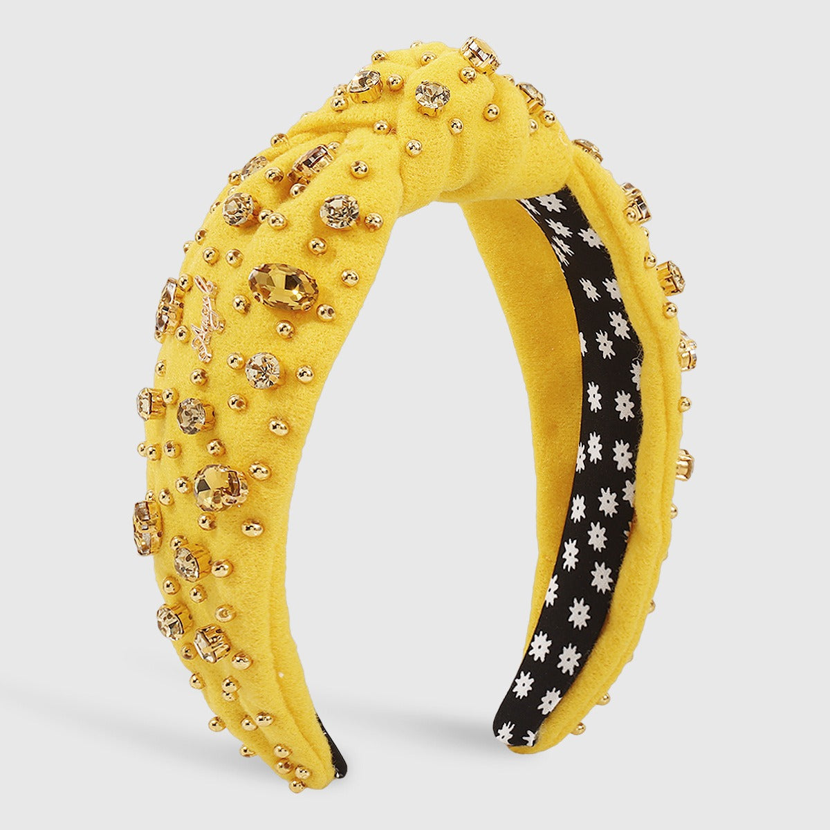 Retro Wide Edge Knot Bead Water Diamond Plush Fabric Thickened Letter Hair Hoop - Korvel