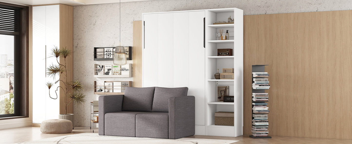 Twin Size Murphy Bed Wall Bed with Sofa and Shelves - White