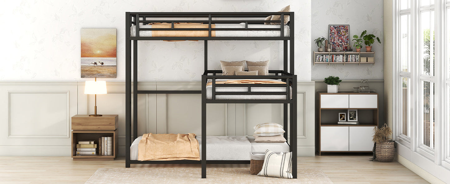 L-shaped Metal Triple Twin Size Bunk Bed, Black - Korvel