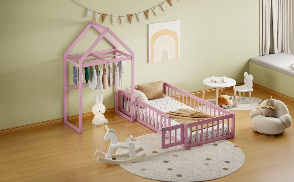 Wooden Twin Size Children's Bed with Detachable Headboard, Pink
