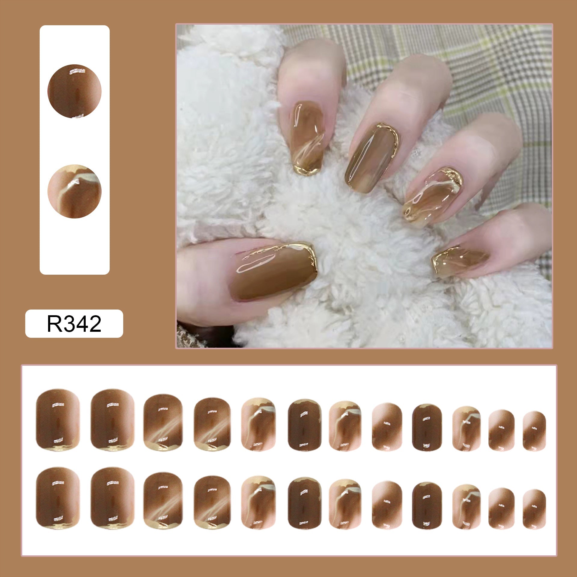 Wearing Warm Brown Brown White Double Spell Smudged Golden Texture Ins Style Manicure Patch The Finished Product Is Removable - Korvel