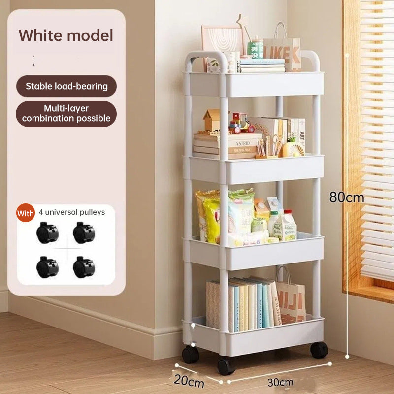 White rolling storage cart. Multifunctional, open shelves for books, ideal for kitchen & bedroom storage - Korvel