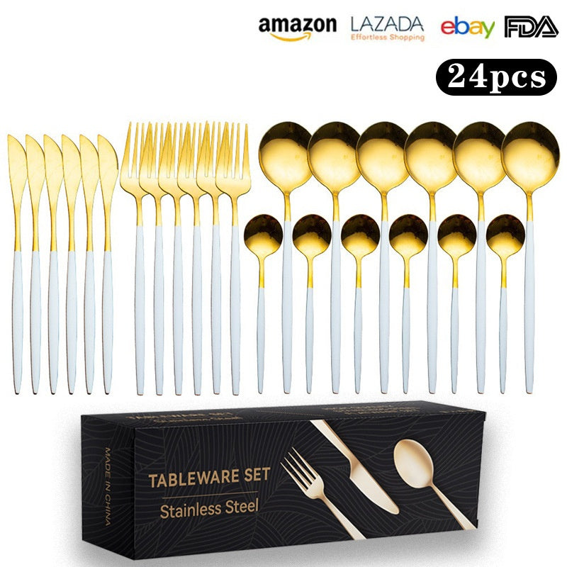 Cutlery Set Stainless Steel Knife Fork Set 24-Piece Tableware Set Golden Steak Knife Fork Spoon 6-Person Set - Korvel