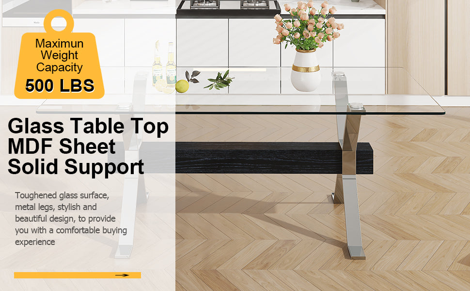 Dining table Modern tempered glass dining table Large modern office desk with silver plated metal legs and MDF crossbars - Korvel
