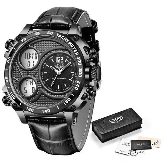 Lige Business Electronic Watch Dual Display Multi Function Low Cost Watch Men's Sports Waterproof Watch - Korvel