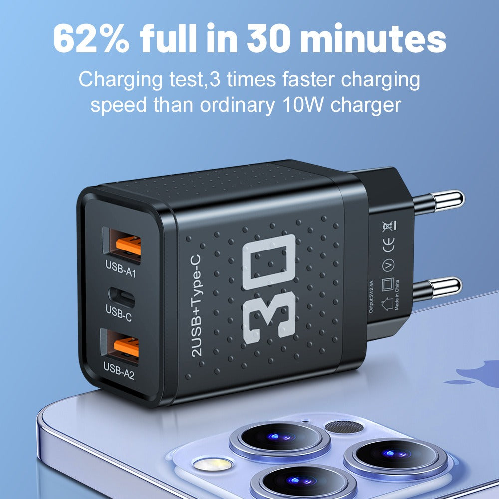 Mobile phone charger 2.4A PD+2 USB charging head Travel charging head - Korvel