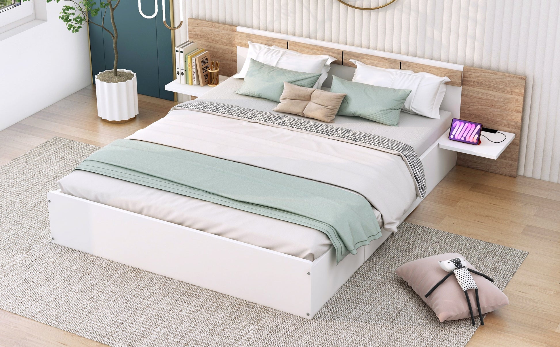 Queen Size Platform Bed with Headboard, Drawers, Shelves, USB Ports and Sockets  White - Korvel