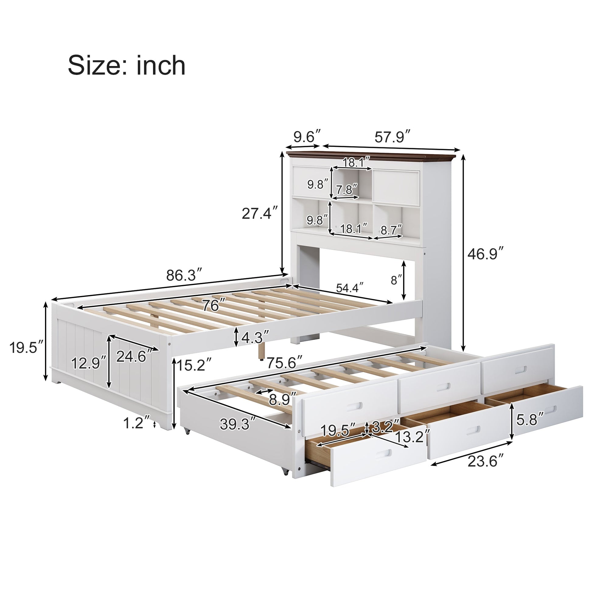 Solid Pine Captain Bookcase Bed with Trundle Bed and 3 Spacious Under Bed Drawers in Casual,Full, White+Walnut - Korvel